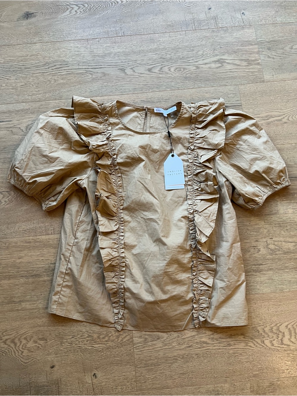 NWT English Factory Ruffle-Front Puff Sleeve Top in Tan